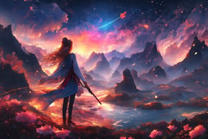 1 girl, alone, shooting star, aurora, long hair, long sleeves, standing, outdoors, sky, from behind, night, 
 Stars\(sky\), night sky, scenery, starry sky,
(masterpiece, best quality, official art, beautifull and aesthetic) opsional,liquid clothes,firefliesfireflies,edgRenaissance,watercolor,More Detail,Fashion cheongsam,future0603,girl