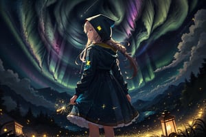 1 girl, alone, shooting star, aurora, long hair, skirt, long sleeves, standing, outdoors, sky, from behind, hoodie, night, hood down, 
 Stars\(sky\), night sky, scenery, starry sky,
(masterpiece, best quality, official art, beautifull and aesthetic) opsional,liquid clothes,firefliesfireflies,edgRenaissance