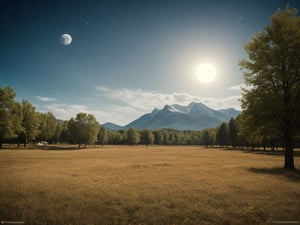 outdoor, sky, day, clouds, maple trees, blue sky, no humans, moon, grass, stars\(sky\), landscape, full moon, huge planet, moon, (masterpiece, best quality, official art, beautifull and aesthetic) opsional, scenery,More Detail,Sylvain_Sarrailh_style_lora_by_niolas,
watermark, signature, username, text,