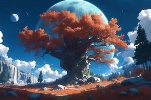 outdoor, sky, day, clouds, maple trees, blue sky, no humans, moon, grass, stars\(sky\), landscape, full moon, huge planet, moon, (masterpiece, best quality, official art, beautifull and aesthetic) opsional, scenery,