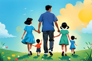 Left side picture, father with 1 son and 1 daughter, Asian, holding hands, rear view, 1 boy, 1 girl, kids, black hair, dress, outdoor, sky, grass, right side English cursive "Happy Father's Day", poster, color block style,
Use hue to represent light and shadow,