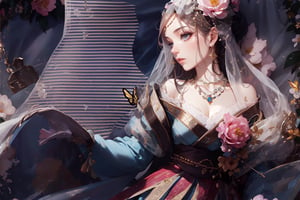 1 girl, alone, long hair, hair ornament, long sleeves, bare shoulders, jewelry, upper body, flower, butterfly, tassel, veil, grey hair, earrings, hand up, hair flower, wide sleeves, kimono, necklace, off shoulder, sash, makeup, gem, light particles, pink flower, beads, hair stick,
(masterpiece, best quality, official art, beautifull and aesthetic) opsional, ,edgRenaissance