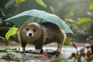 Animal, solo, Take shelter from the rain, outdoors, blurry, cute, little animal, Personification, no humans, depth of field, hiding under leaf, rain, water drop, realistic, animal focus,Macro photography,Raw photo,Realistic,Wild Life,Animal Photography,aodai