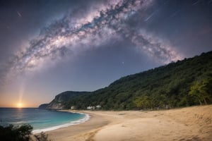 outdoor, night sky, clouds, Starry sky, star, water, trees, no humans, ocean, beach, thatch, landscape, sand, coast, original photos, realistic, photography,fine art,