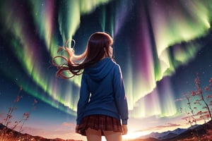 1 girl, alone, shooting star, aurora, long hair, skirt, long sleeves, standing, outdoors, sky, from behind, hoodie, night, hood down, 
 Stars\(sky\), night sky, scenery, starry sky,
(masterpiece, best quality, official art, beautifull and aesthetic) opsional,liquid clothes,firefliesfireflies,edgRenaissance,watercolor