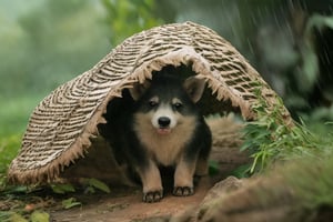 Animal, solo, Take shelter from the rain, outdoors, blurry, cute, little animal, Personification, no humans, depth of field, hiding under leaf, rain, water drop, realistic, animal focus,Macro photography,Raw photo,Realistic,Wild Life,Animal Photography,aodai