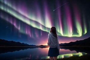 1 girl, alone, shooting star, aurora, long hair, skirt, long sleeves, standing, outdoors, sky, from behind, hoodie, night, hood down, 
 Stars\(sky\), night sky, scenery, starry sky,
(masterpiece, best quality, official art, beautifull and aesthetic) opsional,liquid clothes