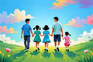 Picture left, father and 1 son and 1 daughter, Asian, holding hands, rear view, children, 1 girl, 1 boy, black hair, dress, outdoor, sky, grass, English cursive " Happy Father's Day", poster, color block style,
Use hue to represent light and shadow,