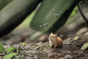 Animal, solo, Take shelter from the rain, outdoors, blurry, cute, little animal, Personification, no humans, depth of field, hiding under leaf, rain, water drop, realistic, animal focus,Macro photography,Raw photo,Realistic,Wild Life,Animal Photography,aodai