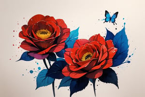 rose, flower, butterfly, minimalism, ink, watercolor,