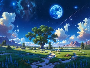 outdoor, sky, day, clouds, trees, blue sky, no humans, moon, grass, stars\(sky\), landscape, full moon, huge planet, moon,
(masterpiece, best quality, official art, beautifull and aesthetic) opsional, scenery,