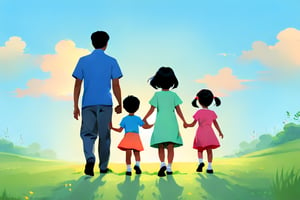 father with 1 son and 1 daughter, Asian, holding hands, rear view, 1 boy, 1 girl, kids, black hair, dress, outdoor, sky, grass, poster, color block style,
Use hue to represent light and shadow,