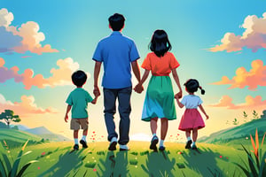 father with 1 son and 1 daughter, Asian, holding hands, rear view, 1 boy, 1 girl, kids, black hair, dress, outdoor, sky, grass, poster, color block style,
Use hue to represent light and shadow,