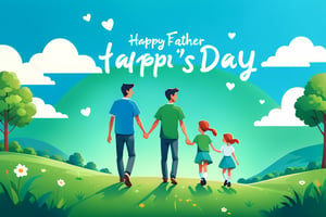 A father holding hands with a son and a daughter, outdoor scene, blue sky and green land, with ''Happy Father's Day'' written in English cursive font. Flat vector art, minimalist color blocks, fairy tale picture book style, using tones to express light and shadow,