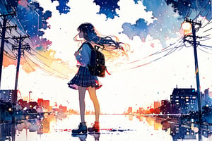 alone, 1 girl, rainy day, rain, Slightly flowing long hair, school uniform, standing, full body, female focus, outdoors, sky, shoes, cloud, bag, from side, profile, backpack, cloudy sky, building, reflection, school bag, city, power lines, utility pole, gradient color cloud, Watercolor, bokeh light dust, depth of field, Fashion,
best quality, 8k, highres, masterpiece, perfect hands, perfect anatomy, The highest image quality, excellent detail, ultra-high resolution, best illustration, attention to detail, exquisite beautiful face, detailed hands, expressive eyes,tortinita fine,watercolor \(medium\),Expressiveh