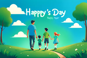 A father holding hands with a son and a daughter, outdoor scene, blue sky and green land, with ''Happy Father's Day'' written in English cursive font. Flat vector art, minimalist color blocks, fairy tale picture book style, using tones to express light and shadow