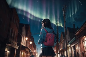 1 girl, alone, shooting star, aurora, long hair, skirt, black hair, long sleeves, standing, pleated skirt, outdoors, sky, bag, from behind, hoodie, night, backpack, hood down, ground vehicle, building, Stars\(sky\), night sky, scenery, motorcycle, starry sky, back to back, car, house, power line, telephone pole,
(masterpiece, best quality, official art, beautifull and aesthetic) opsional,liquid clothes
