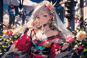 1 girl, alone, long hair, hair ornament, long sleeves, bare shoulders, jewelry, upper body, flower, grey hair, earrings, hand up, hair flower, wide sleeves, kimono, necklace, off shoulder, sash, makeup, gem, butterfly, tassel, veil, light particles, pink flower, beads, hair stick,
(masterpiece, best quality, official art, beautifull and aesthetic) opsional, ,edgRenaissance