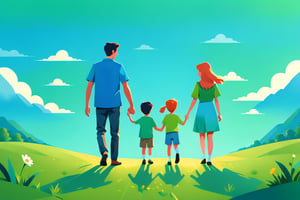 A father holding hands with a son and a daughter, outdoor scene, blue sky and green land. Flat vector art, minimalist color blocks, fairy tale picture book style, using tones to express light and shadow,