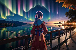1 girl, alone, shooting star, aurora, long hair, long sleeves, standing, outdoors, sky, from behind, night, 
 Stars\(sky\), night sky, scenery, starry sky,
(masterpiece, best quality, official art, beautifull and aesthetic) opsional,liquid clothes,firefliesfireflies,edgRenaissance,watercolor,More Detail,Fashion cheongsam,future0603,girl,ayaka_genshin