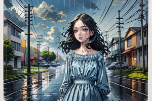 alone, 1 girl, rainy day, rain, Slightly flowing long hair, dress, standing, full body, female focus, gradient color cloud, outdoors, sky, shoes, cloud, from side, profile, cloudy sky, building, reflection, city, power lines, utility pole, Watercolor, bokeh light dust, depth of field, Fashion, best quality, 8k, highres, masterpiece, perfect hands, perfect anatomy, The highest image quality, excellent detail, ultra-high resolution, best illustration, attention to detail, exquisite beautiful face, detailed hands, expressive eyes,tortinita fine,watercolor , Expressiveh,INK art,fine art, Rainy Day