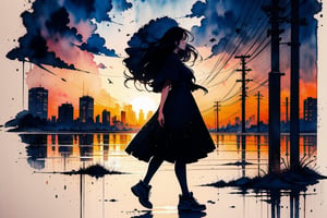 alone, 1 girl, rainy day, rain, Slightly flowing long hair, dress, standing, full body, female focus, outdoors, sky, shoes, cloud, from side, profile, cloudy sky, building, reflection, city, power lines, utility pole, gradient color cloud, Watercolor, bokeh light dust, depth of field, Fashion, best quality, 8k, highres, masterpiece, perfect hands, perfect anatomy, The highest image quality, excellent detail, ultra-high resolution, best illustration, attention to detail, exquisite beautiful face, detailed hands, expressive eyes,tortinita fine,watercolor , Expressiveh,INK art,