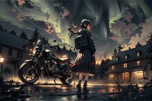 1 girl, alone, shooting star, aurora, long hair, skirt, black hair, long sleeves, standing, pleated skirt, outdoors, sky, bag, from behind, hoodie, night, backpack, hood down, ground vehicle, building, Stars\(sky\), night sky, scenery, motorcycle, starry sky, back to back, car, house, power line, telephone pole,
(masterpiece, best quality, official art, beautifull and aesthetic) opsional,