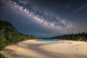 outdoor, night sky, clouds, Starry sky, star, water, trees, no humans, ocean, beach, thatch, landscape, sand, coast, original photos, realistic, photography,fine art,