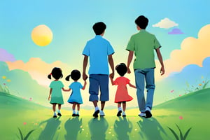 father with 1 son and 1 daughter, Asian, holding hands, rear view, 1 boy, 1 girl, kids, black hair, dress, outdoor, sky, grass, poster, color block style,
Use hue to represent light and shadow,