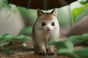 Animal, solo, Take shelter from the rain, outdoors, blurry, cute, little animal, Personification, no humans, depth of field, hiding under leaf, rain, water drop, realistic, animal focus,Macro photography,Raw photo,Realistic,Wild Life,Animal Photography,aodai