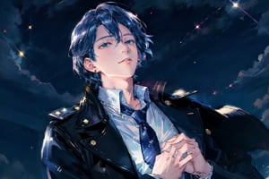 alone, young male, starry sky background, night, Moonlight, establishing shot, looking up pose, short hair, bangs, shirt, long sleeves, hair between eyes, jewelry, closed mouth, jacket, white shirt, earrings, outdoors, open clothes, necktie, collared shirt, jacket, depth of field, piercing, formal, suit, necktie, ear piercing, stud earrings,
best quality, 8k, highres, masterpiece, perfect hands, perfect anatomy, The highest image quality, excellent detail, ultra-high resolution, best illustration, attention to detail, exquisite beautiful face, detailed hands, expressive eyes, Watercolor, Enhance, Detail,Detailed,klee (genshin impact),yunjindef