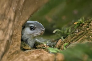 Animal, solo, Take shelter from the rain, outdoors, blurry, cute, little animal, Personification, no humans, depth of field, hiding under leaf, rain, water drop, realistic, animal focus,Macro photography,Raw photo,Realistic,Wild Life,Animal Photography,aodai