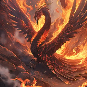 A volcanic landscape with molten lava flowing intensely, capturing the raw power of nature. A fiery phoenix rising from the flames, its plumage ablaze with vibrant orange and red hues. A goddess of fire, her eyes glowing with embers, her hair a cascade of flickering flames against a backdrop of swirling smoke and sparks.