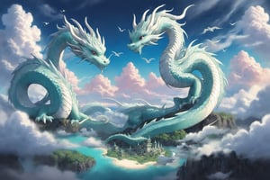 A fantastical scene capturing the essence of air, with intricately detailed floating islands, a soft breeze carrying the whispers of ancient magic, and a breathtaking sky realm painted in ethereal pastels. Majestic white dragons and elegant white birds glide effortlessly, their forms silhouetted against the swirling clouds, adding a touch of wonder and enchantment to the airy landscape.,Strange Dragon,dragon