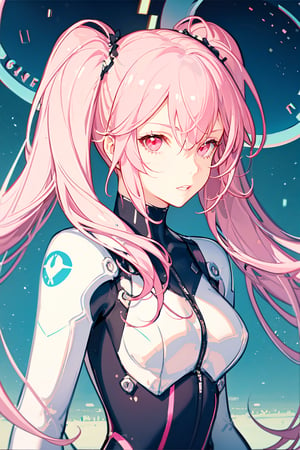 1girl, solo, long hair, breasts, looking at viewer, bangs, twintails, medium breasts, upper body, pink hair, white hair, multicolored hair, parted lips, pink eyes, bodysuit, low twintails, science fiction