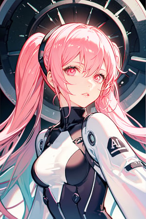 1girl, solo, long hair, breasts, looking at viewer, bangs, twintails, medium breasts, upper body, pink hair, white hair, multicolored hair, parted lips, pink eyes, bodysuit, low twintails, science fiction