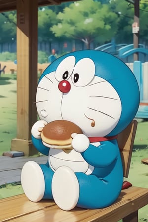 1 Doraemon, smooth, moved, sitting on the bench, open the mouse, eating an dorayaki, background is beautiful park and blurred, smooth, realistic, foodstyle, slight photography, detalied_background, high quality, realistic