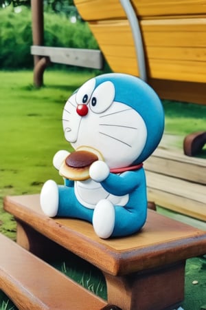 1 Doraemon, moved, sitting on the bench, eating an dorayaki, background is beautiful park and blurred, 3d, smooth, realistic, foodstyle, slight photography, 