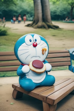 1 metal Doraemon, smooth, moved, sitting on the bench, eating an dorayaki, background is beautiful park and blurred, smooth, realistic, foodstyle, slight photography, detalied_background, high quality, realistic, real_life