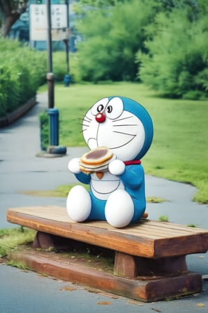 1 Doraemon, moved, sitting on the bench, eating an dorayaki, background is beautiful park and blurred, 3d, smooth, realistic, foodstyle, slight photography, detalied_background, high quality, 3d_render,
