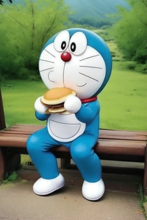 1 Doraemon, no human here.
 definded Doraemon emotion: moved, eyes sparkling and touching.
 definded Doraemon's action:  sitting on a bench, eating an dorayaki.
 definded  Doraemon's limbs: , 2 hand, 2 foot, no fingers, limbs are very short and fingers look like round white ball.
 additional Doraemon's element: Doraemon's cat-shaped ears.
 definded background: beautiful park, blurred.
 globals definded: 3d, smooth, realistic, foodstyle, slight photography.