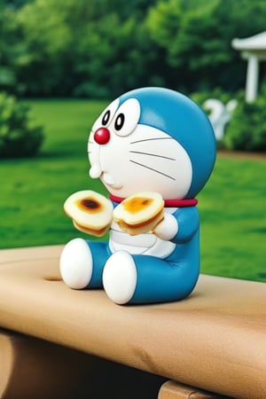 1 Doraemon, moved, sitting on the bench, eating an dorayaki, limbs ( very short, 2 hand, 2 foot, no fingers, limbs look like round white ball ), background( beautiful park, blurred ), 3d, smooth, realistic, foodstyle, slight photography, 