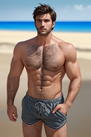 beach shorts, muscular,
dark short hair, short stubble,
sophisticated , low-key, rugged, masculine,