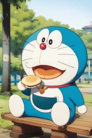 1 Doraemon, smooth, moved, sitting on the bench, eating an dorayaki, background is beautiful park and blurred, smooth, realistic, foodstyle, slight photography, detalied_background, high quality, realistic, real, Detailedface,Laios Touden,Pectoral Focus