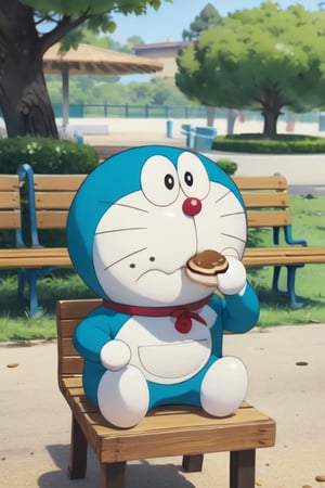 1 Doraemon, smooth, moved, sitting on the bench, eating an dorayaki, background is beautiful park and blurred, smooth, realistic, foodstyle, slight photography, detalied_background, high quality, realistic, 3d