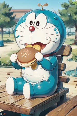 1 Doraemon, smooth, moved, sitting on the bench, eating an dorayaki, background is beautiful park and blurred, smooth, realistic, foodstyle, slight photography, detalied_background, high quality, realistic, glasstech