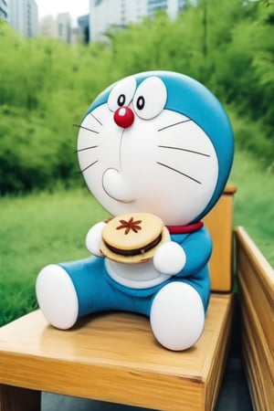 1 Doraemon, smooth, moved, sitting on the bench, eating an dorayaki, background is beautiful park and blurred, smooth, realistic, foodstyle, slight photography, detalied_background, high quality, realistic, real