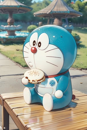 1 Doraemon, smooth, moved, sitting on the bench, eating an dorayaki, background is beautiful park and blurred, smooth, realistic, foodstyle, slight photography, detalied_background, high quality, 3d_render, glasstech