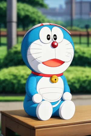 1 Doraemon.
 definded Doraemon's action:  sitting on a bench, eating a dorayaki.
 definded  Doraemon's limbs: fingerless, look like round ball.
 additional Doraemon's element: Doraemon's cat ear hairband like his ears, smooth surface.
 definded background: beautiful park, blurred.
 globals definded: 3d render, realistic,  slight photography.