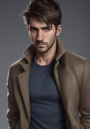 
short hair, short stubble,
sophisticated , low-key, rugged, masculine, 
t_shirt, coat